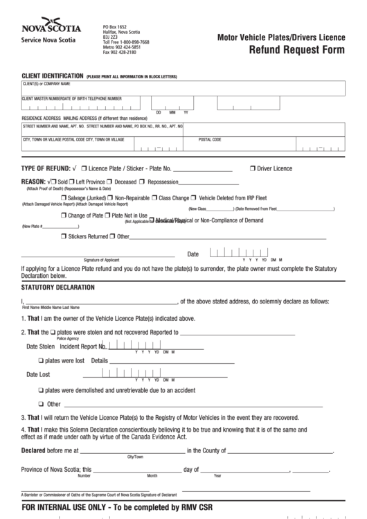 Form Req16 - Motor Vehicle Plates/drivers Licence - Refund Request Form - Nova Scotia Printable pdf