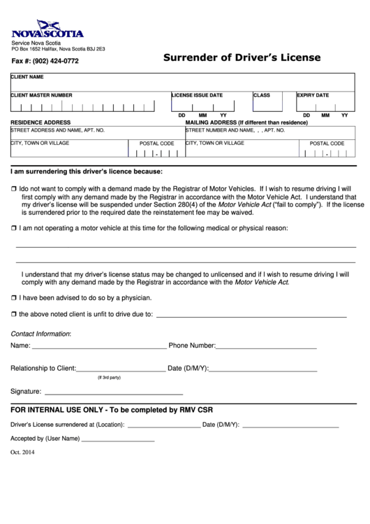 Surrender Of Driver'S License Nova Scotia printable pdf download