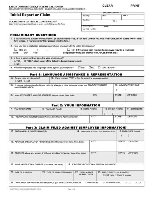 Fillable Form 1 - Initial Report Or Claim - California Labor Commissioner Printable pdf