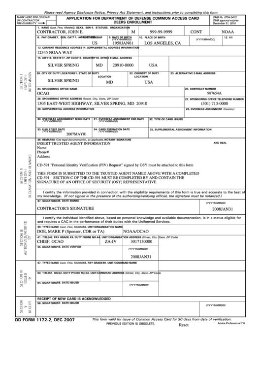 Fillable Dd Form 1172-2 - Application For Department Of Defense Common Access Card Deers Enrollment Printable pdf