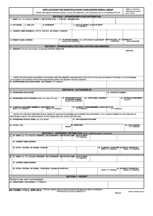 Fillable Dd Form 1172-2 - Application For Identification Card/deers Enrollment Printable pdf