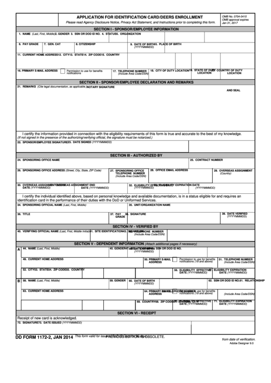 Fillable Dd Form 1172-2 - Application For Identification Card/deers Enrollment Printable pdf