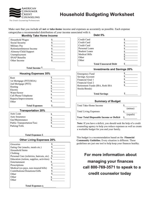 Household Budgeting Worksheet Printable pdf