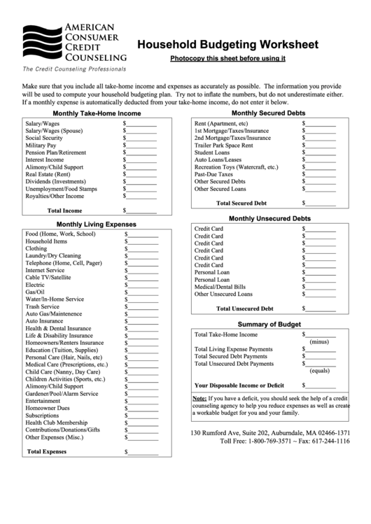 Household Budget Worksheet Printable pdf