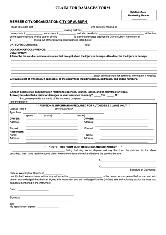 Claim For Damages Form - City Of Auburn Printable pdf