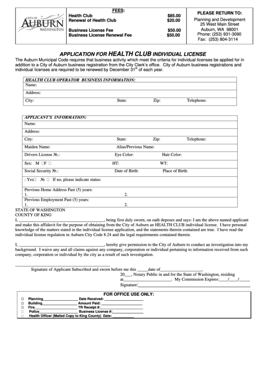 Business License Application - Health Club - City Of Auburn - Washington Printable pdf
