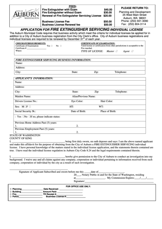 Application For Fire Extinguisher Servicing Individual License - City Of Auburn Printable pdf