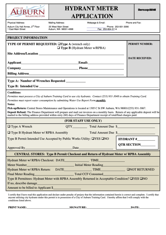 Hydrant Meter Application - City Of Auburn - 2016 Printable pdf
