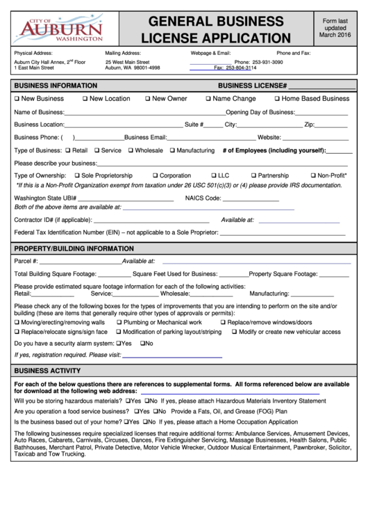 General Business License Application - City Of Auburn - 2016 Printable pdf