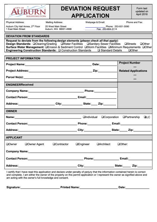 Deviation Request Application - City Of Auburn - 2016 Printable pdf