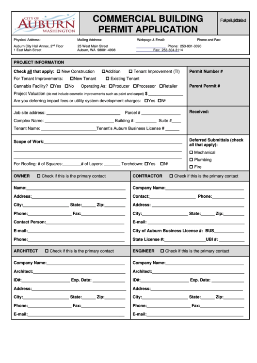 Commercial Building Permit Application - City Of Auburn - 2016 Printable pdf