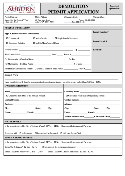 Demolition Permit Application - City Of Auburn - 2015 Printable pdf