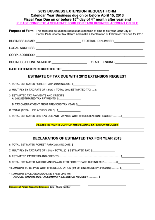 Business Extension Request Form - 2012 Printable pdf