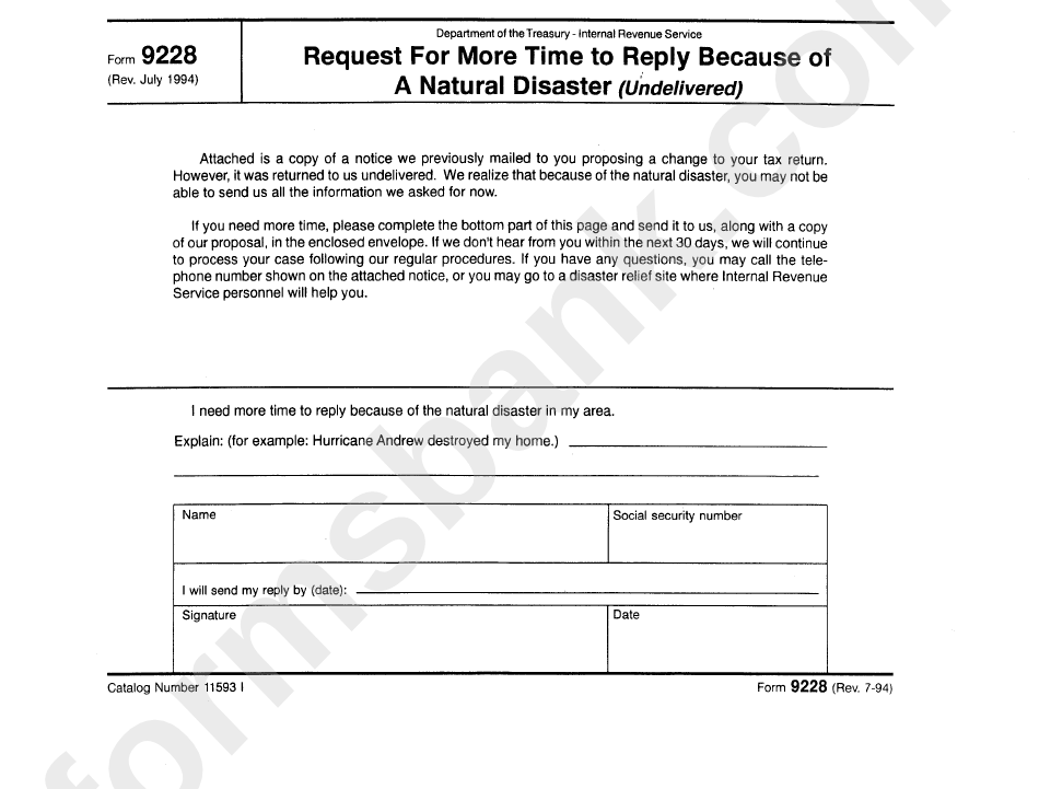 Form 9228 - Request For More Time To Reply Because Of A Natural Disaster (Undelivered)