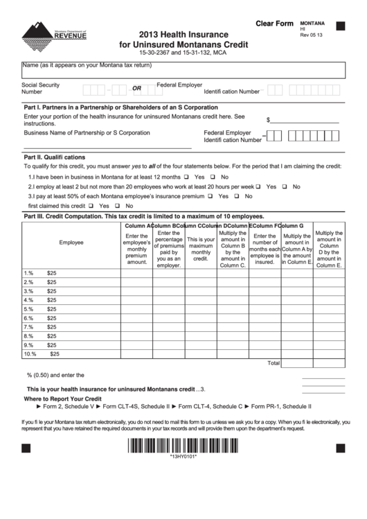 Fillable Montana Form Hi - Health Insurance For Uninsured Montanans Credit - 2013 Printable pdf