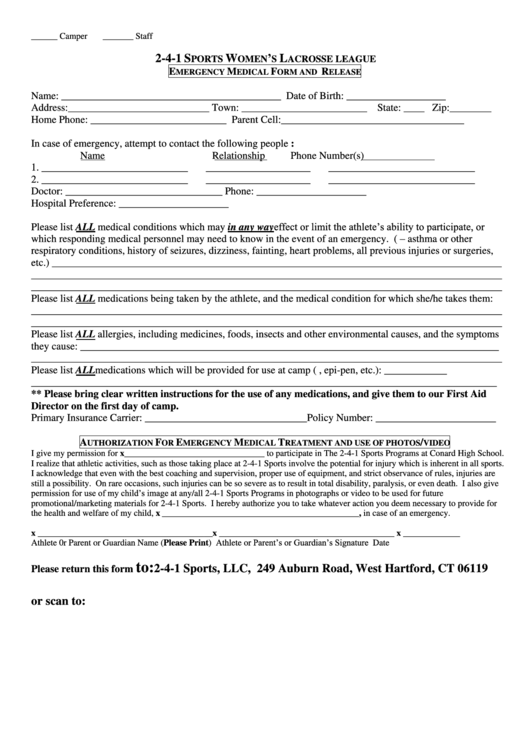 Emergency Medical Form And Release - 2-4-1 Sports Women