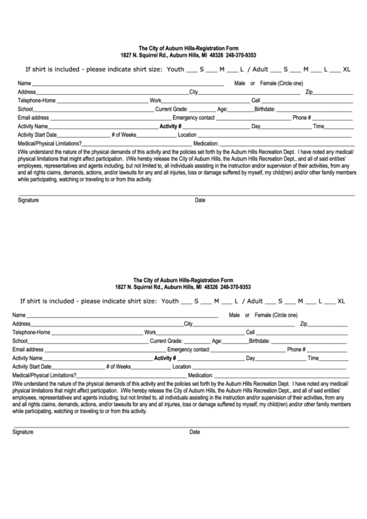Registration Form - City Of Auburn Hills Printable pdf
