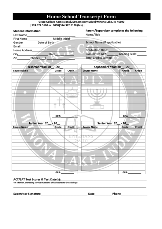 Home School Transcript Form - Grace College Admissions - Winona Lake, Indiana Printable pdf