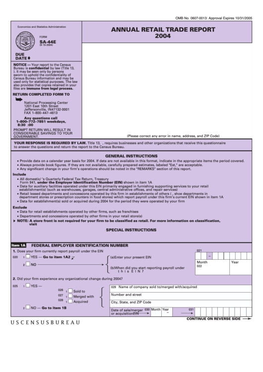 Form Sa-44e - Annual Retail Trade Report 2004 - U.s. Census Bureau Printable pdf