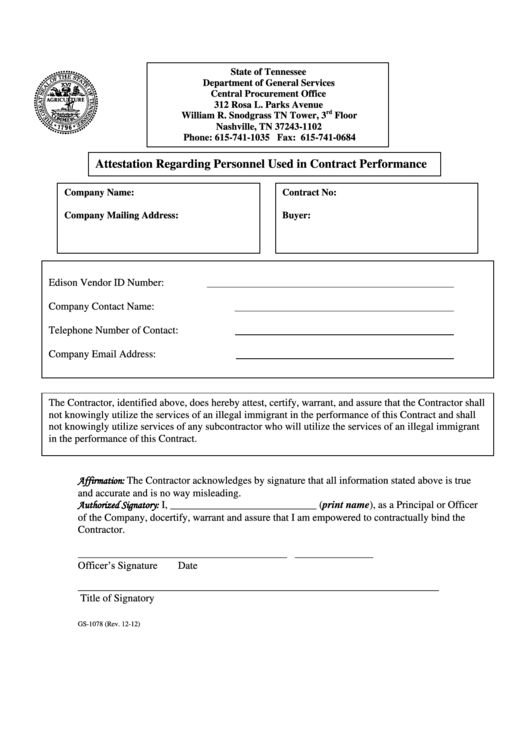 Fillable Form Gs-1078 - Attestation Regarding Personnel Used In Contract Performance Printable pdf