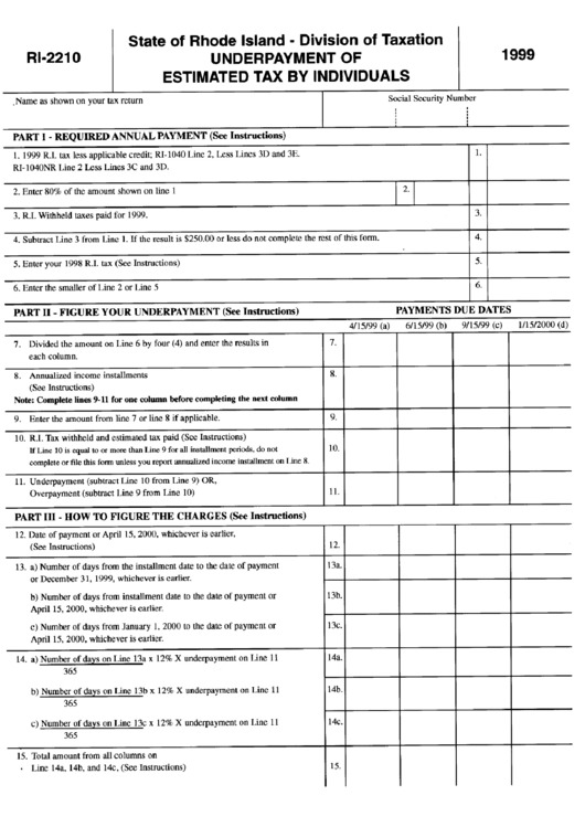 Form Ri-2210 - Underpayment Of Estimated Tax By Individuals - 1999 Printable pdf