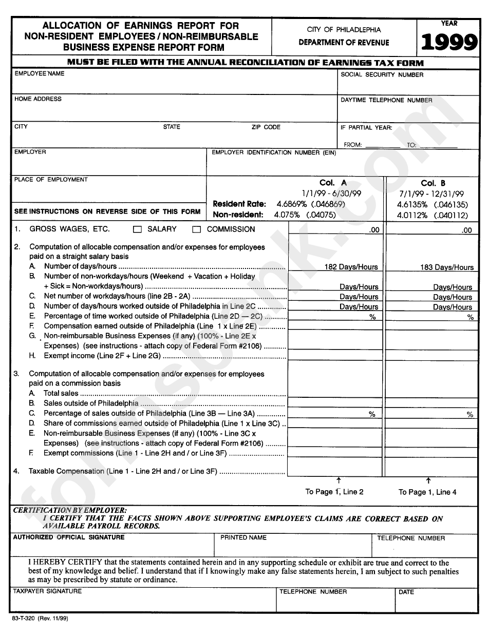Form 83-T-320 - Allocation Of Earnings Report For Non-Resident Employees/non-Reimbursable Business Expence Report Form - 1999