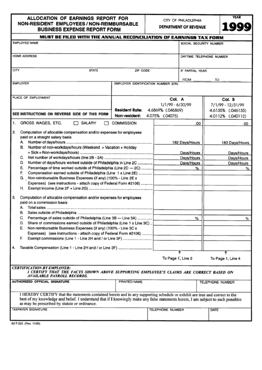 Form 83-T-320 - Allocation Of Earnings Report For Non-Resident Employees/non-Reimbursable Business Expence Report Form - 1999 Printable pdf