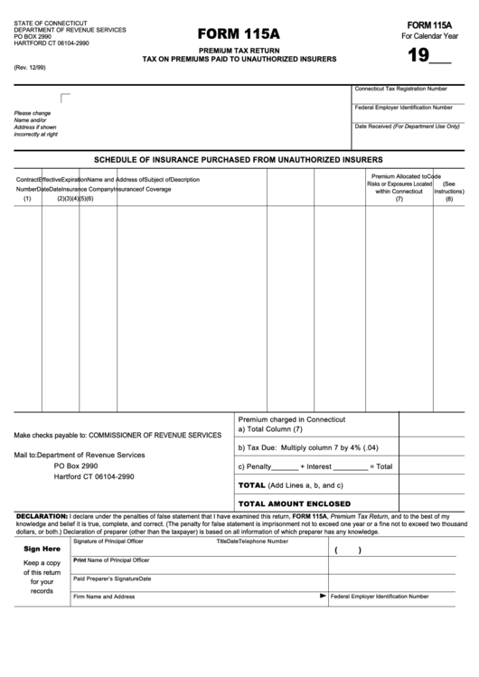 Form 115a - Tax On Premiums Paid To Unauthorized Insurers Printable pdf
