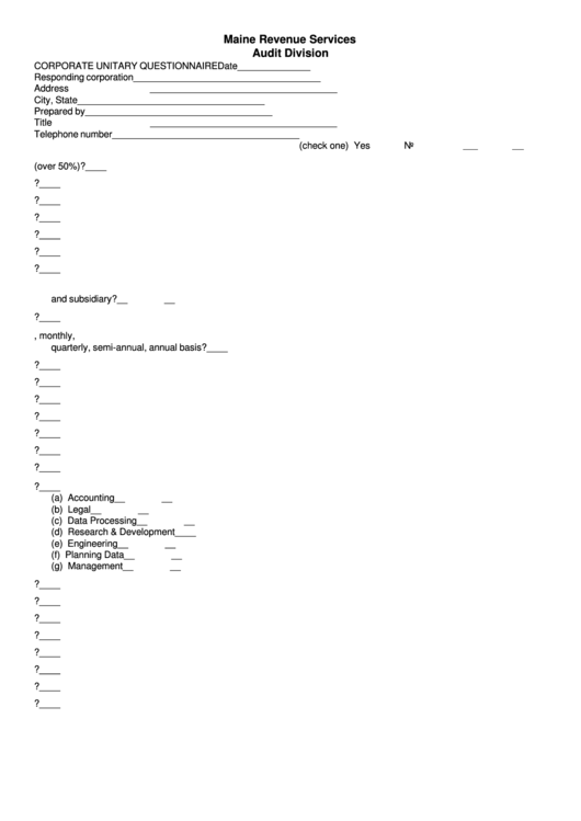 Fillable Corporate Unitary Questionnaire - Audit Division Printable pdf