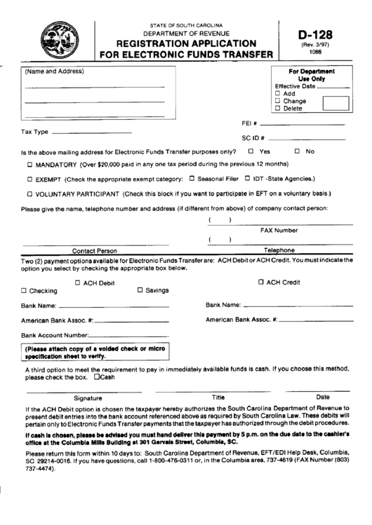 Fillable Form D-128 - Registrationa Application For Electronic Funds Transfer Printable pdf