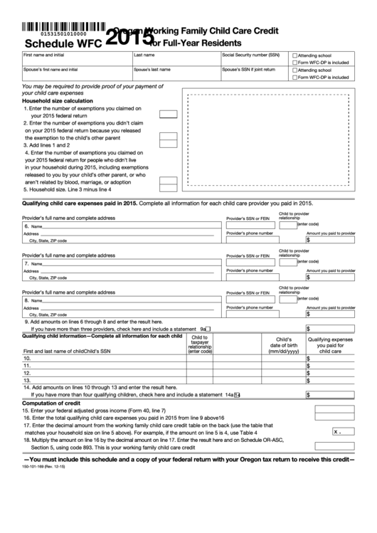 Fillable Form 150-101-169 - Schedule Wfc - Oregon Working Family Child Care Credit For Full-Year Residents - 2015 Printable pdf