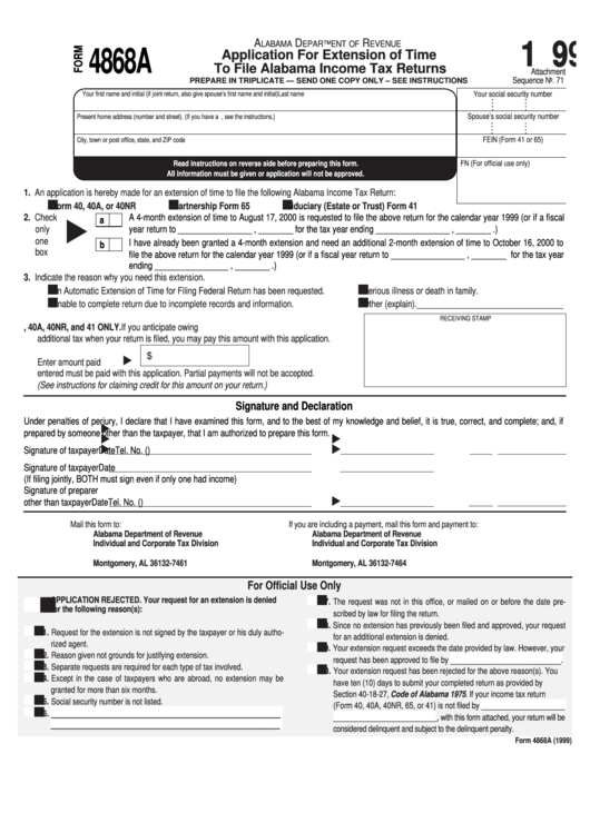 Form 4868a - Application For Extension Of Time To File Alabama Income Tax Returns - 1999 Printable pdf