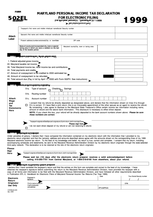 Form 502el - Maryland Personal Income Tax Declaration For Electronic Filing - 1999 Printable pdf