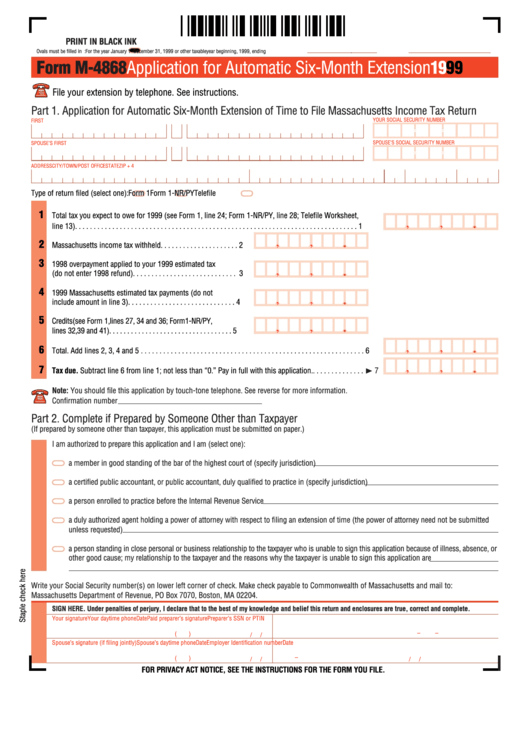 Form M-4868 - Application For Automatic Six-Month Extension - 1999 Printable pdf