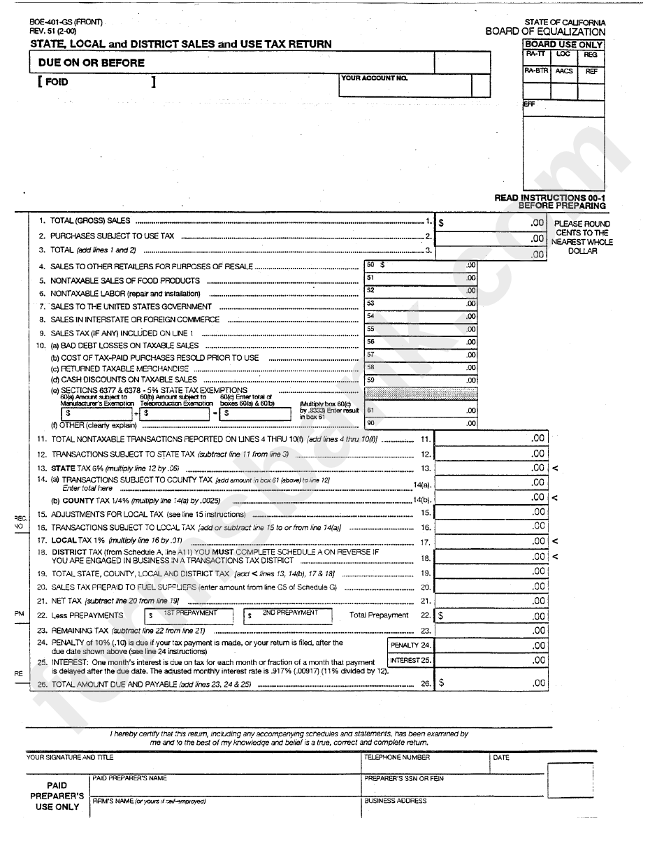 Form Boe-401-Gs - State, Local And District Sales And Use Tax Return
