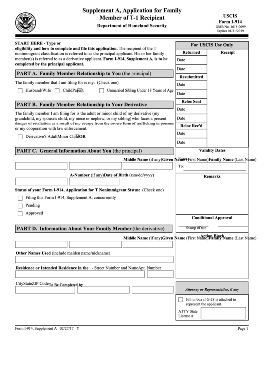Fillable Form I-914 - Supplement A, Application For Family Member Of T-1 Recipient - U.s. Citizenship And Immigration Services Printable pdf