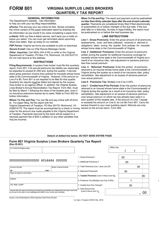 Form 801 - Virginia Surplus Lines Brokers Quarterly Tax Report - 2016 Printable pdf