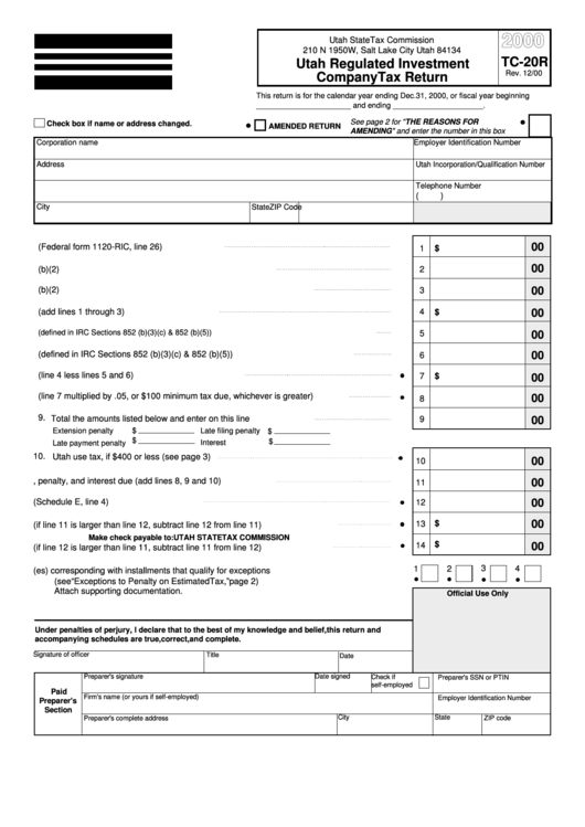 Form Tc-20r - Utah Regulated Investment Company Tax Return - 2000 Printable pdf