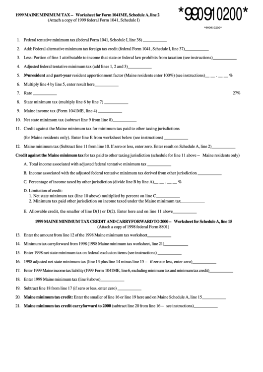 Maine Minimum Tax Worksheet Instructions Form - 1999 Printable pdf