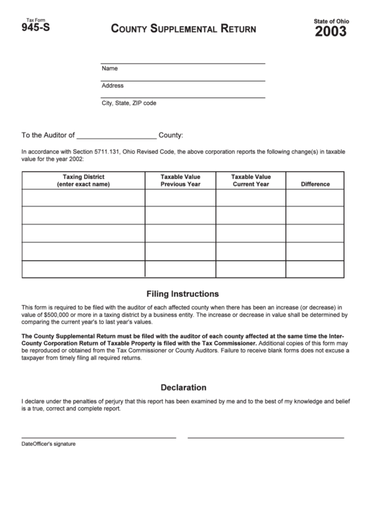 Tax Form 945-S - County Supplemental Return - 2003 printable pdf download