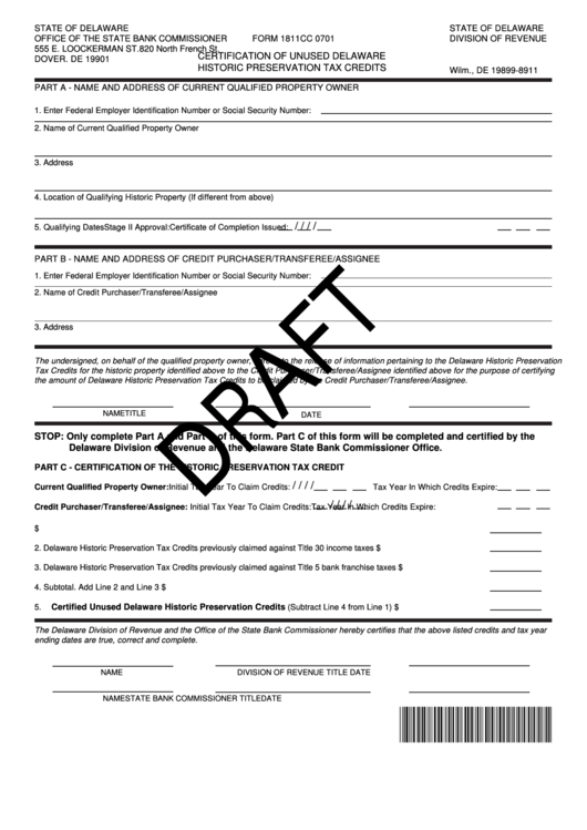 Form 1811cc 0701 Draft With Instructions - Certification Of Unused Delaware Historic Preservation Tax Credits - 2005 Printable pdf
