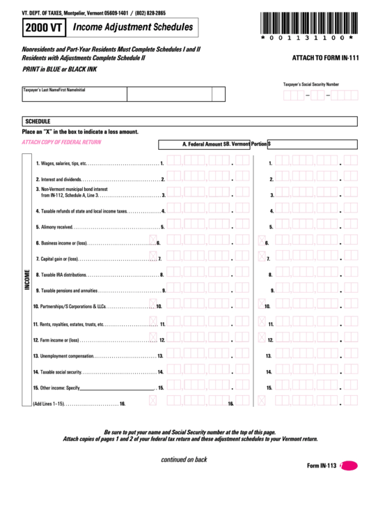 Form In-113 - Income Adjustment Schedules - 2000 Printable pdf