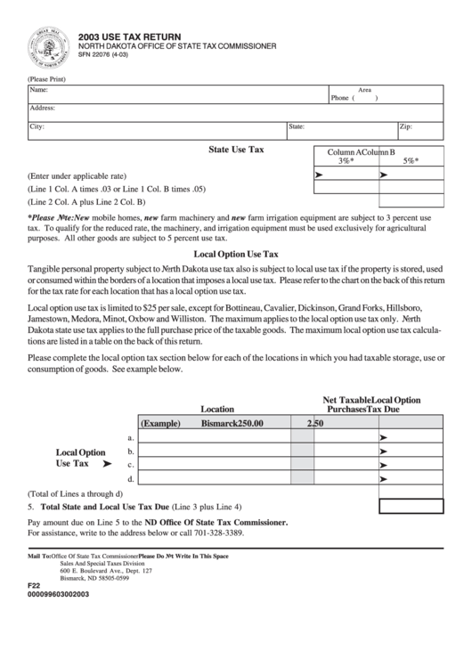 Fillable Form Sfn 22076 - Use Tax Return - Nd Office Of State Tax Commissioner - 2003 Printable pdf