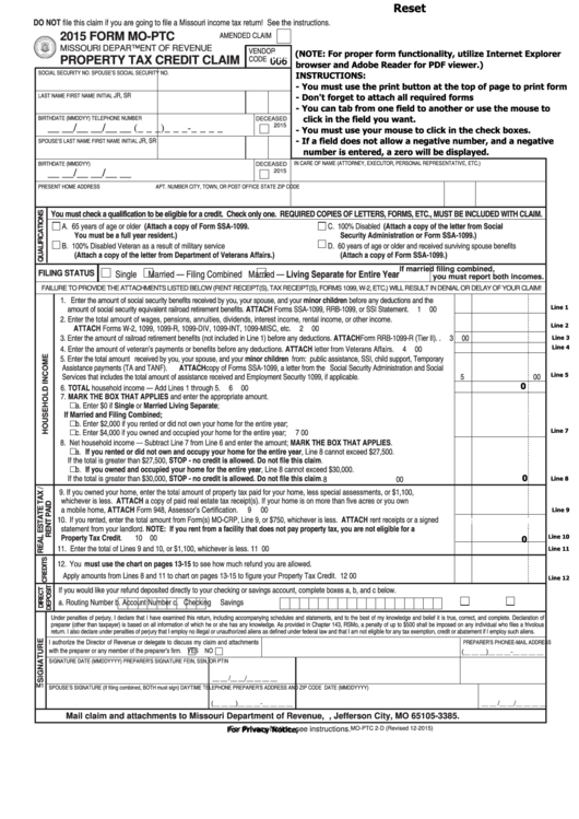 Fillable Form Mo-Ptc - Property Tax Credit Claim - 2015 Printable pdf