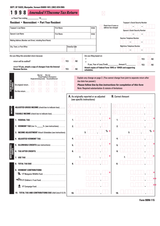 Form 98in -115 - Amended Vt Income Tax Return - 1998 Printable pdf