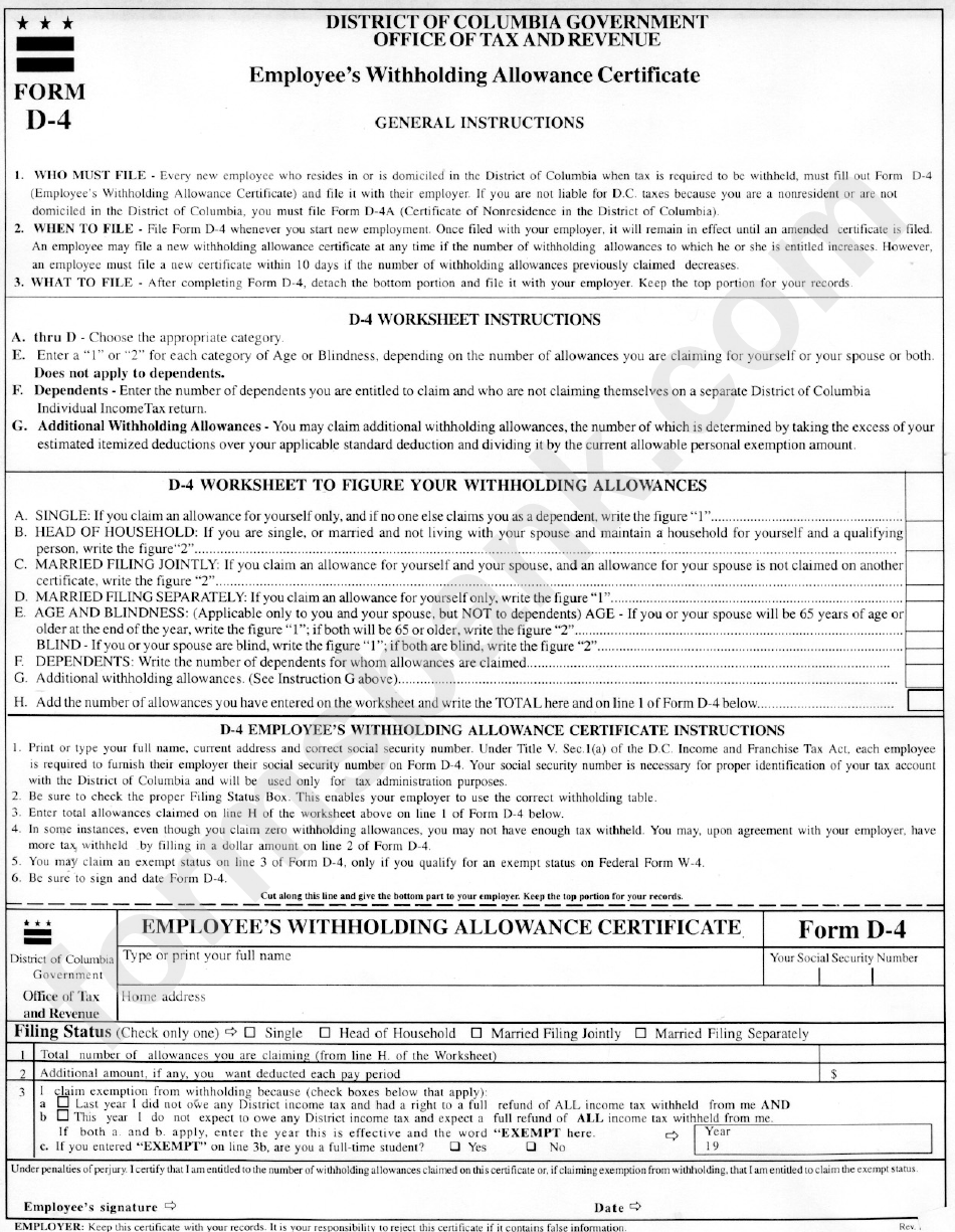 Form D4 Employee'S Withholding Allowance Certificate printable pdf