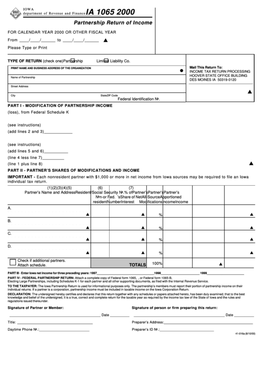 Form Ia 1065 - Partnership Return Of Income - 2000 Printable pdf