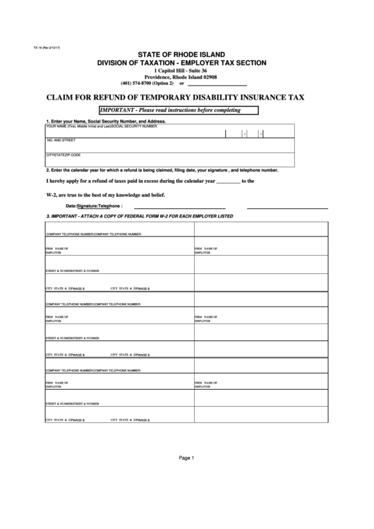 Form Tx-16 - Claim For Refund Of Temporary Disability Insurance Tax - 2017 Printable pdf