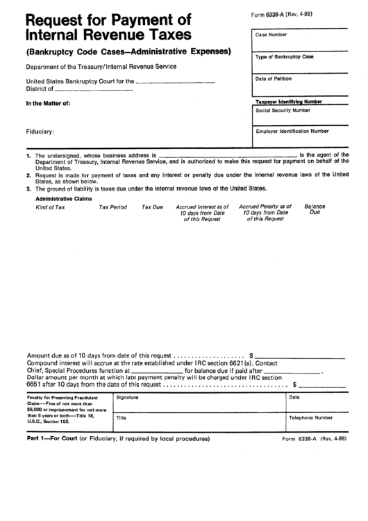 Form 6338-A - Request For Payment Of Internal Revenue Taxes Printable pdf