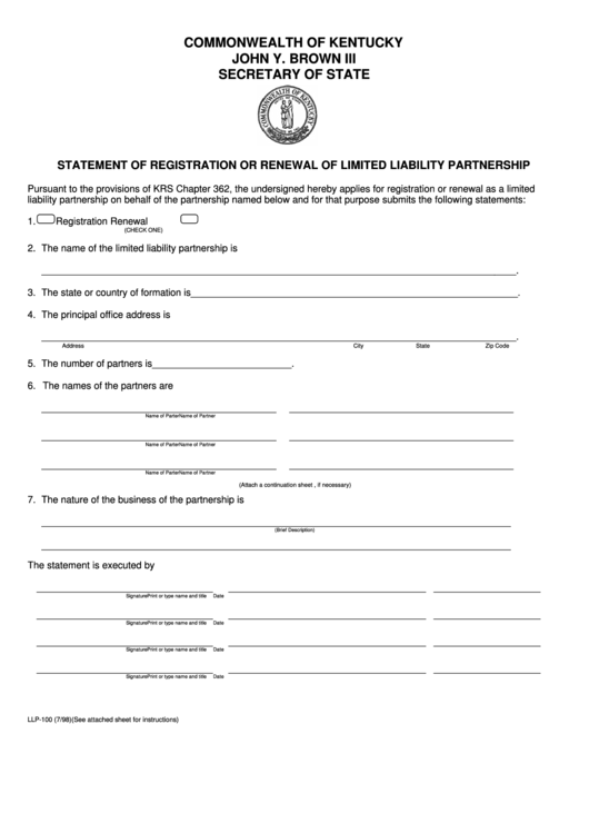 Form Llp-100 - Statement Of Registration Or Renewal Of Limited Liability Partnership 1998 Printable pdf